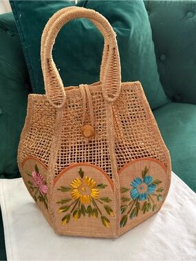 Vintage Woven Straw Tote: 1940s Raffia Embroidered Floral Bag